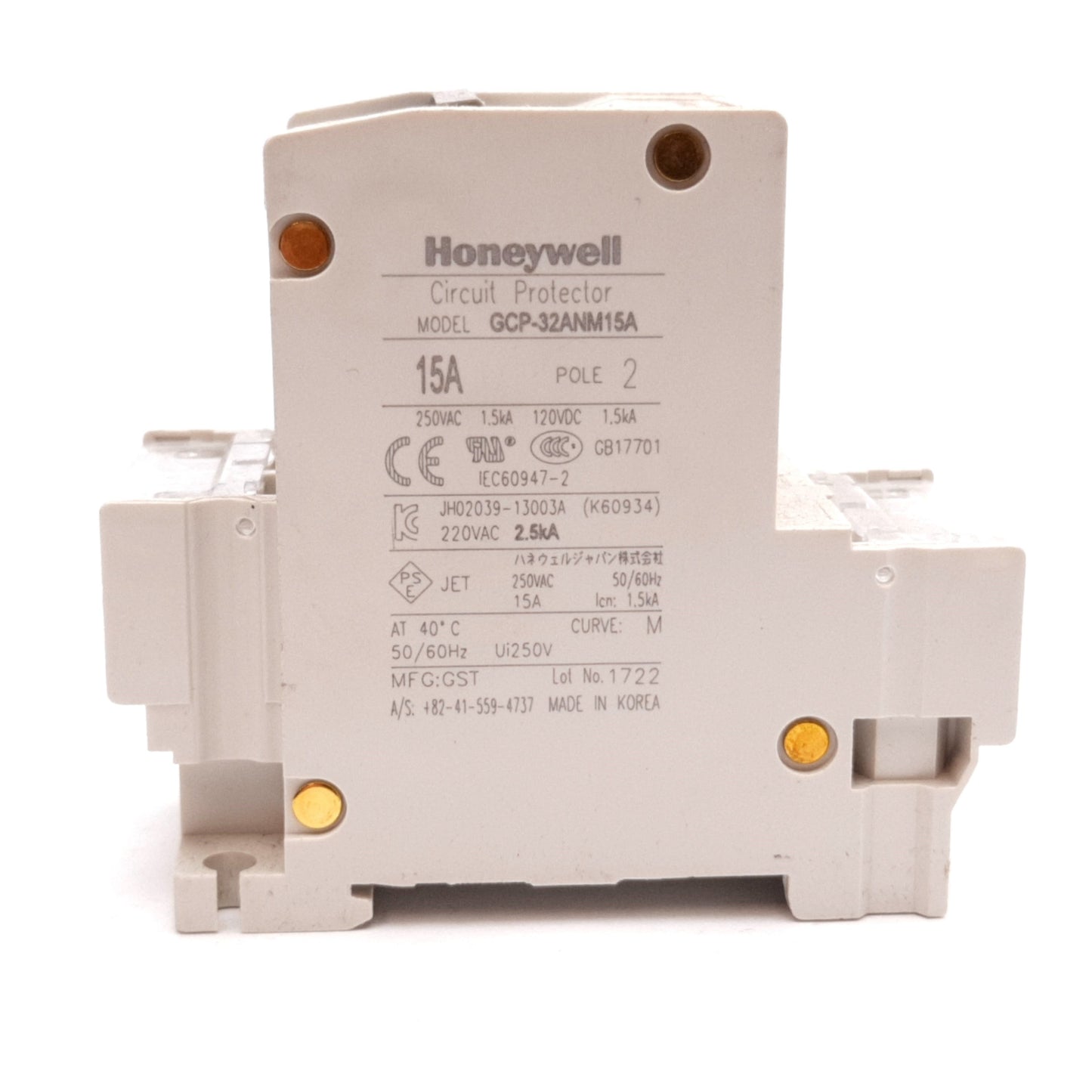 Used Honeywell GCP-32ANM15A Circuit Protector, 2-Pole, M-Curve, 15A 250VAC 120VDC