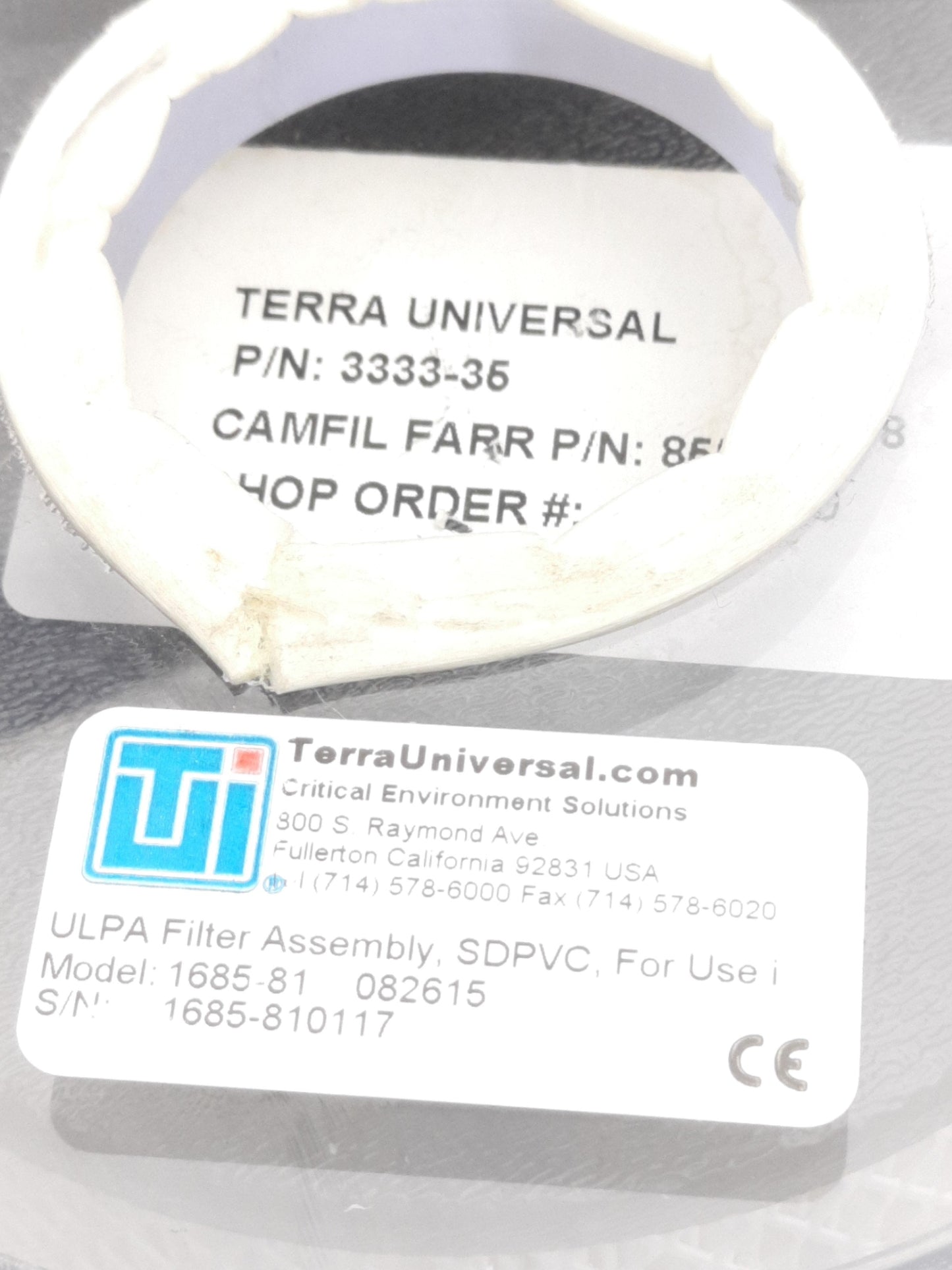 Used Terra Universal 3333-35 1685-81 ULPA Filter w/ Housing, 99.999% @ 0.12µm