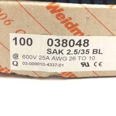 New Lot of 100 Weidmuller 038048 SAK2.5/35BL Terminal Blocks, 600V 25A