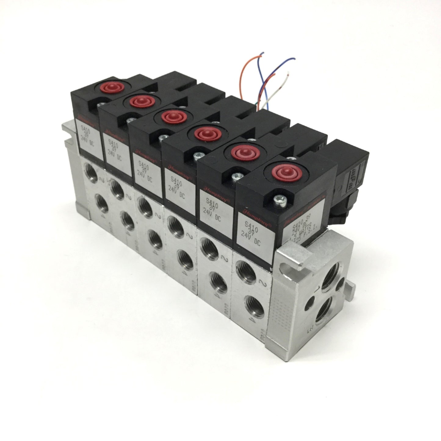 Used Bank of 6 Humphrey S410-39 Stacking Solenoid Valves 2-Pos, 4-Way, 24VDC Coil