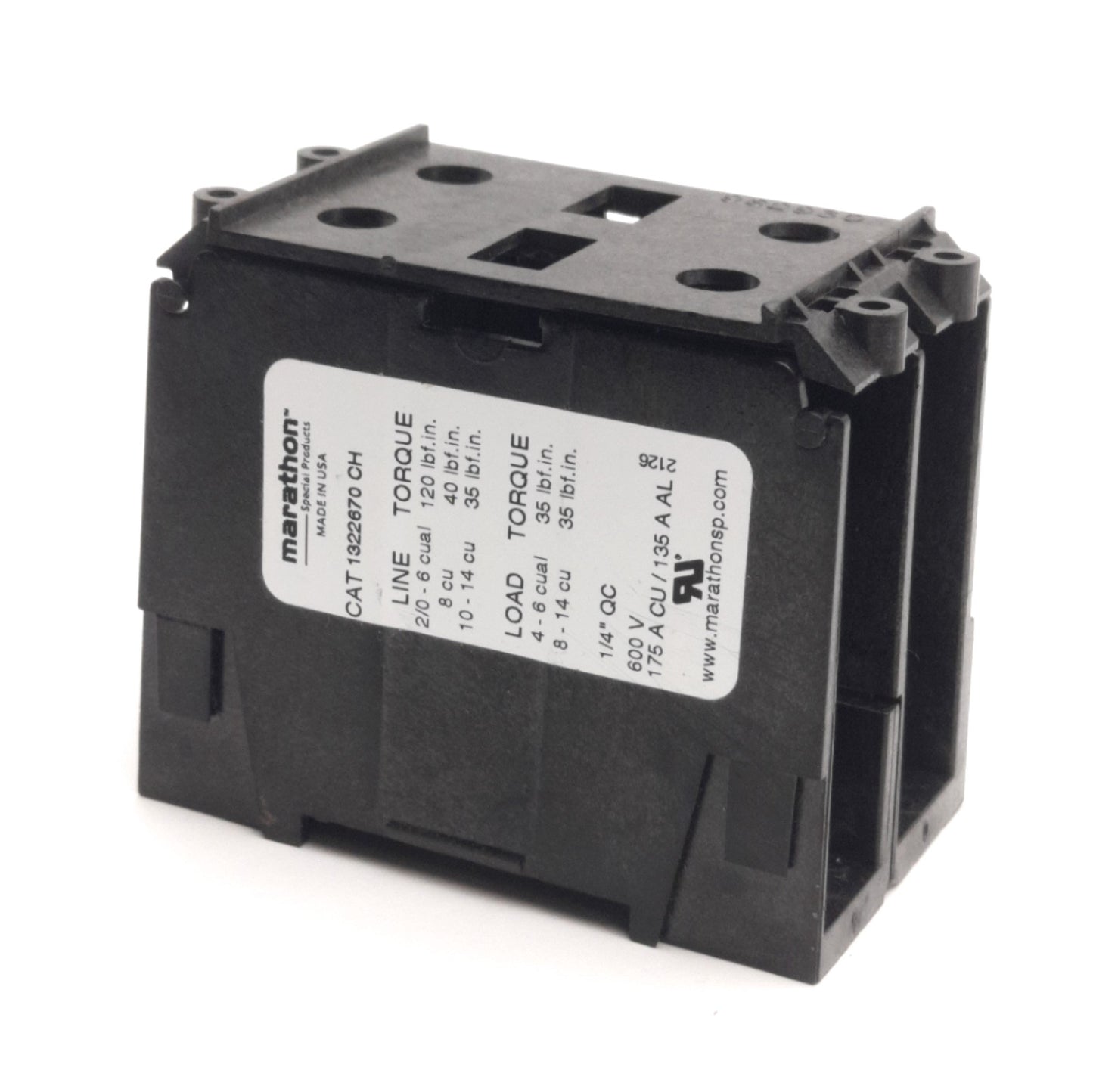 New – Open box Marathon 1322670CH Power Distribution Block 1x4 Line/Load 600V, 175A Max, 2-Pole