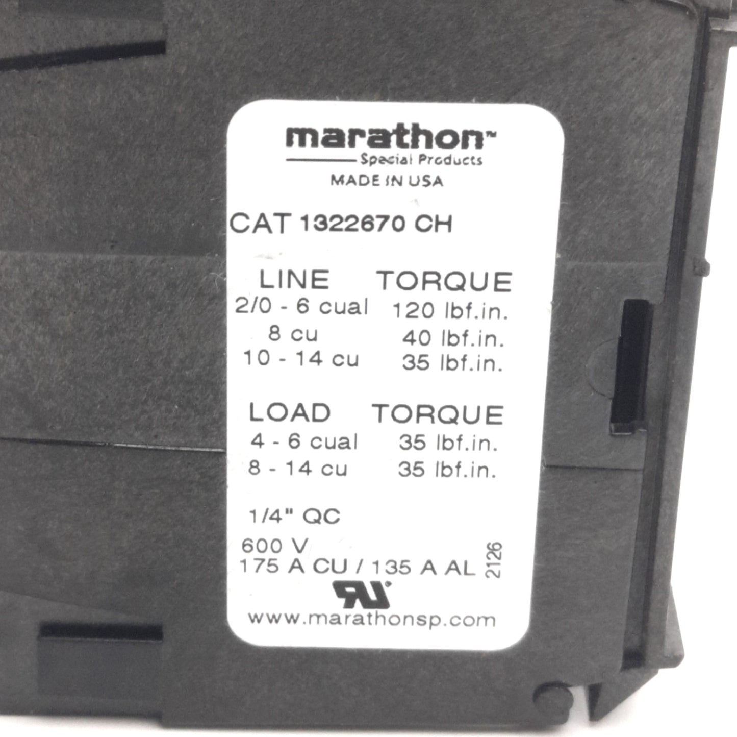 New – Open box Marathon 1322670CH Power Distribution Block 1x4 Line/Load 600V, 175A Max, 2-Pole