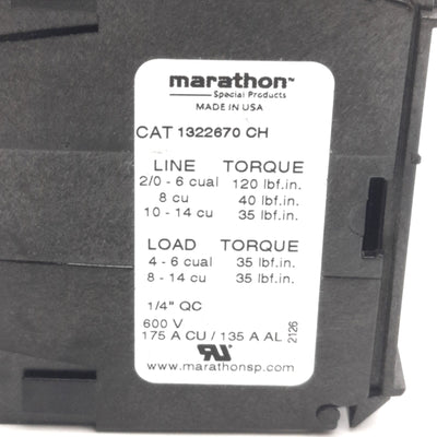 New – Open box Marathon 1322670CH Power Distribution Block 1x4 Line/Load 600V, 175A Max, 2-Pole