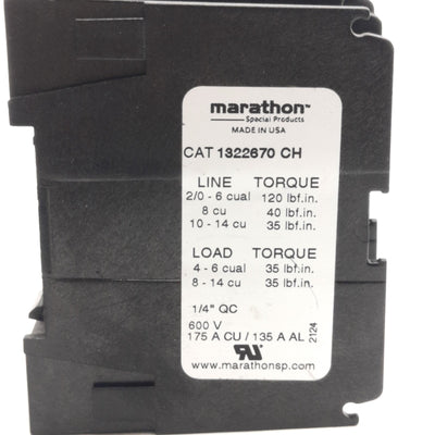 New – Open box Marathon 1322670CH Power Distribution Block 1x4 Line/Load 600V 175A Max, 2-Pole