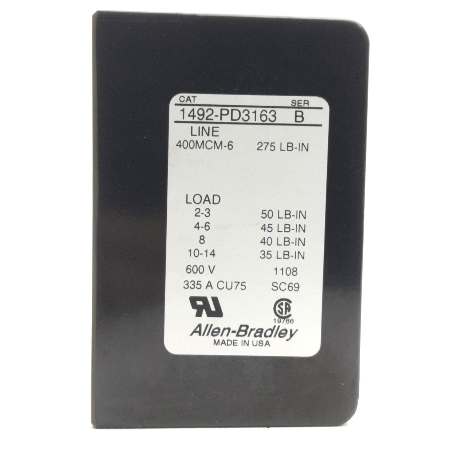 Used Allen Bradley 1492-PD3163 Power Distribution Block 3-Pole Terminal 600V, 335A