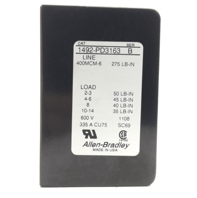 Used Allen Bradley 1492-PD3163 Power Distribution Block 3-Pole Terminal 600V, 335A