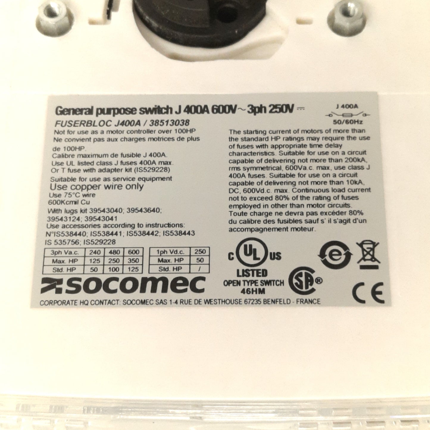 New – Open box Socomec 38513038 Fused Disconnect Switch, J400A, 600V AC, 250V DC, 3-Phase