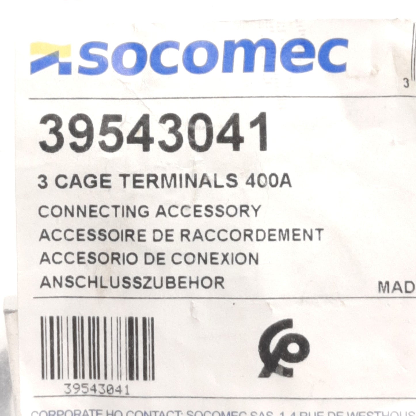 Used Socomec 39543041 Cage Terminal Lugs Connecting Accessory, 400A