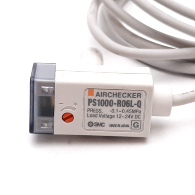 Used SMC PS1000-R06L-Q Air Checker Pressure Switch, -0.1 to 0.45MPa, 12-24VDC, 6mm