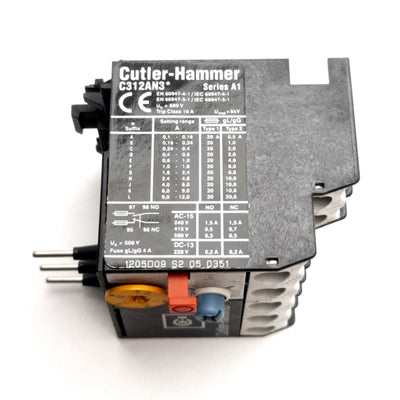 Used Cutler-Hammer C312AN3F Thermal Overload Relay 1A to 1.6A Range, NO+NC