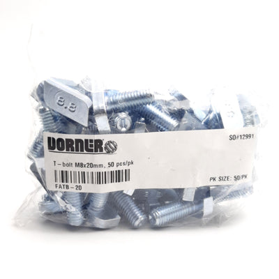 New Lot of 50 Dorner FATB-20 T-Bolts, Steel With Zinc Plated, 20mm Length, M8 Thread