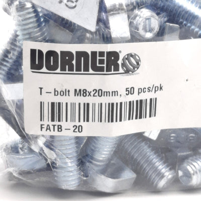 New Lot of 50 Dorner FATB-20 T-Bolts, Steel With Zinc Plated, 20mm Length, M8 Thread