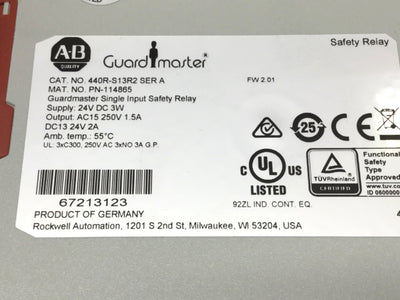 Used Allen-Bradley 440R-S13R2 Guardmaster CI Safety Relay 250VAC 1.5A, 24VDC, 3NO-1NC