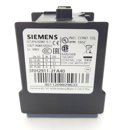 New Siemens 3RH2911-2FA40 Auxiliary Contact Block 240V 10A 4PST N.O