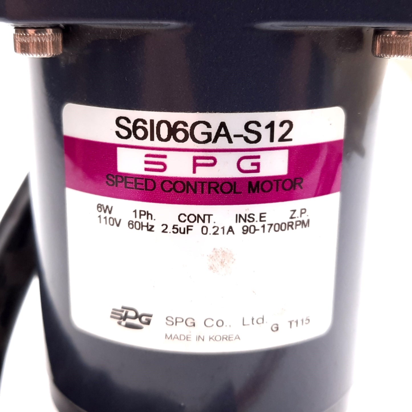 Used SPG S6I06GA-S12 Speed Control Motor, 110VAC 6W, 90-1700RPM, W/ S6DA40B Gear Head