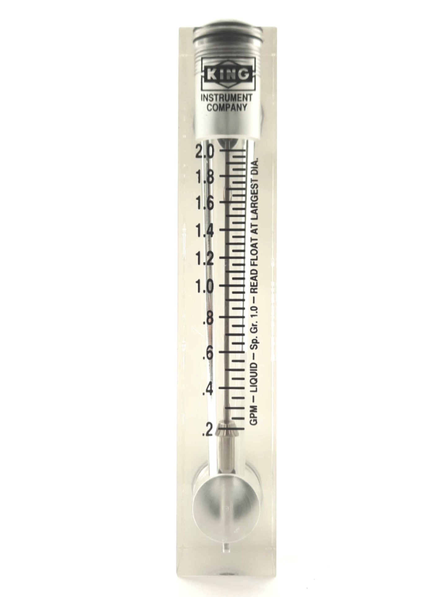Used King Instrument 75202103C04 Acrylic Flowmeter .2-2GPM 3" Scale 1/2"MNPT 1/4"FNPT