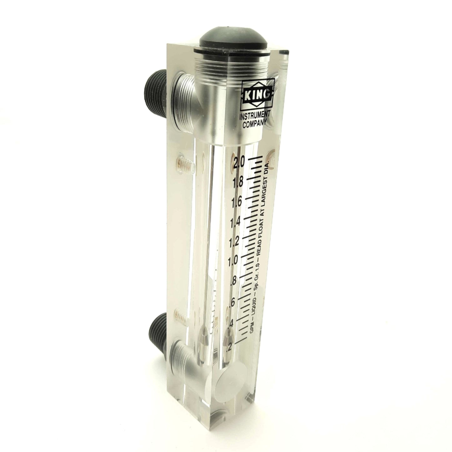 Used King Instrument 75202103C04 Acrylic Flowmeter .2-2GPM 3" Scale 1/2"MNPT 1/4"FNPT