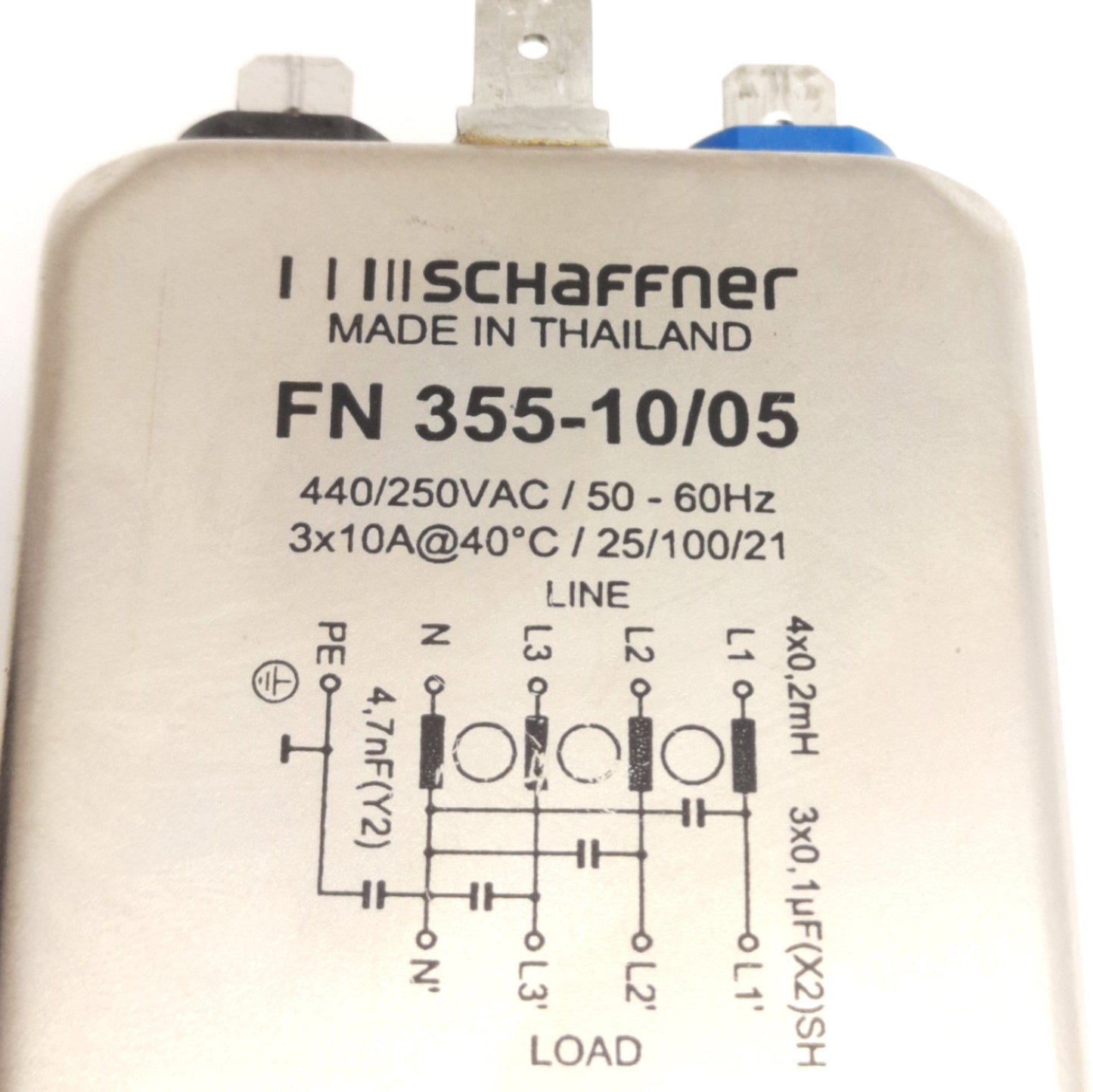 Used Schaffner FN355-10/05 EMC/EMI Line Filter 3-Phase, 10A 440V AC, DC To 400Hz Freq