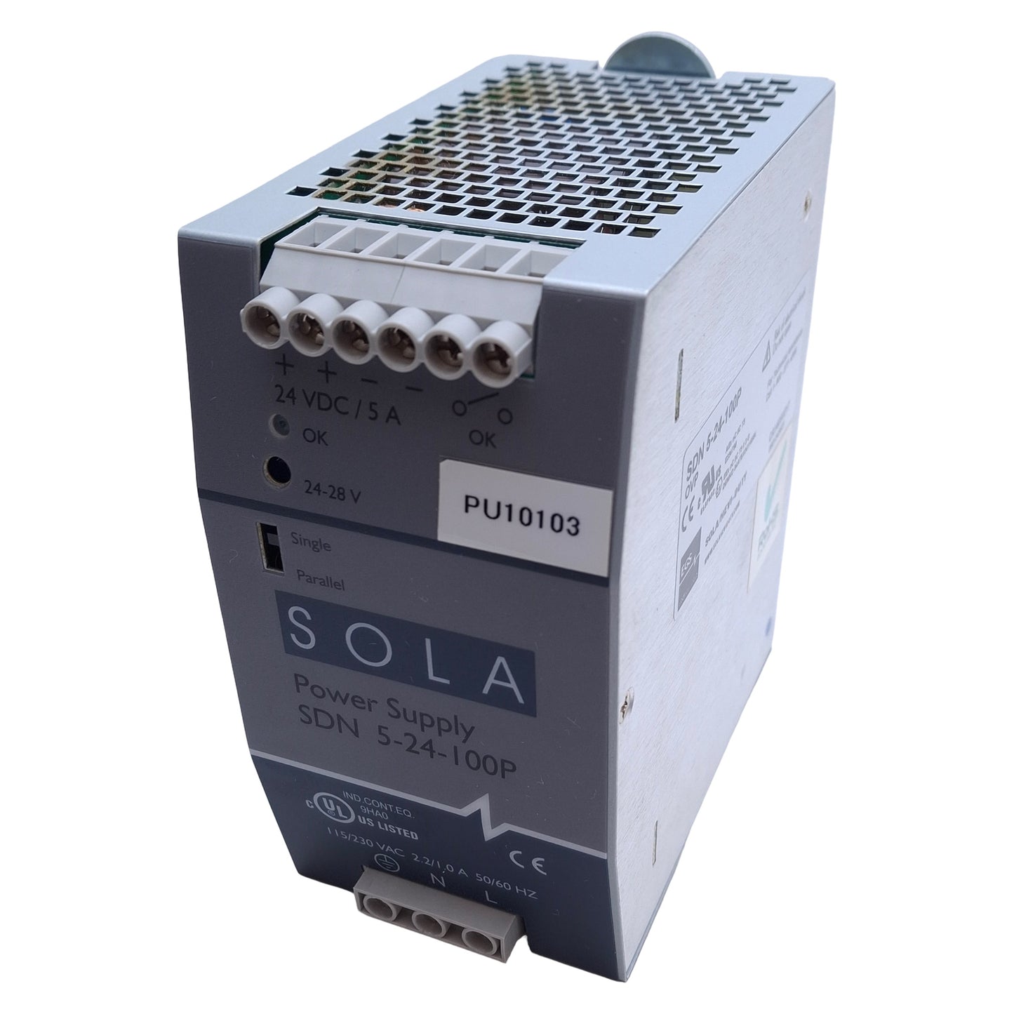 Used Sola SDN 5-24-100P Power Supply, Input: 115/230VAC 2.2/1A, Output: 24VDC 5A