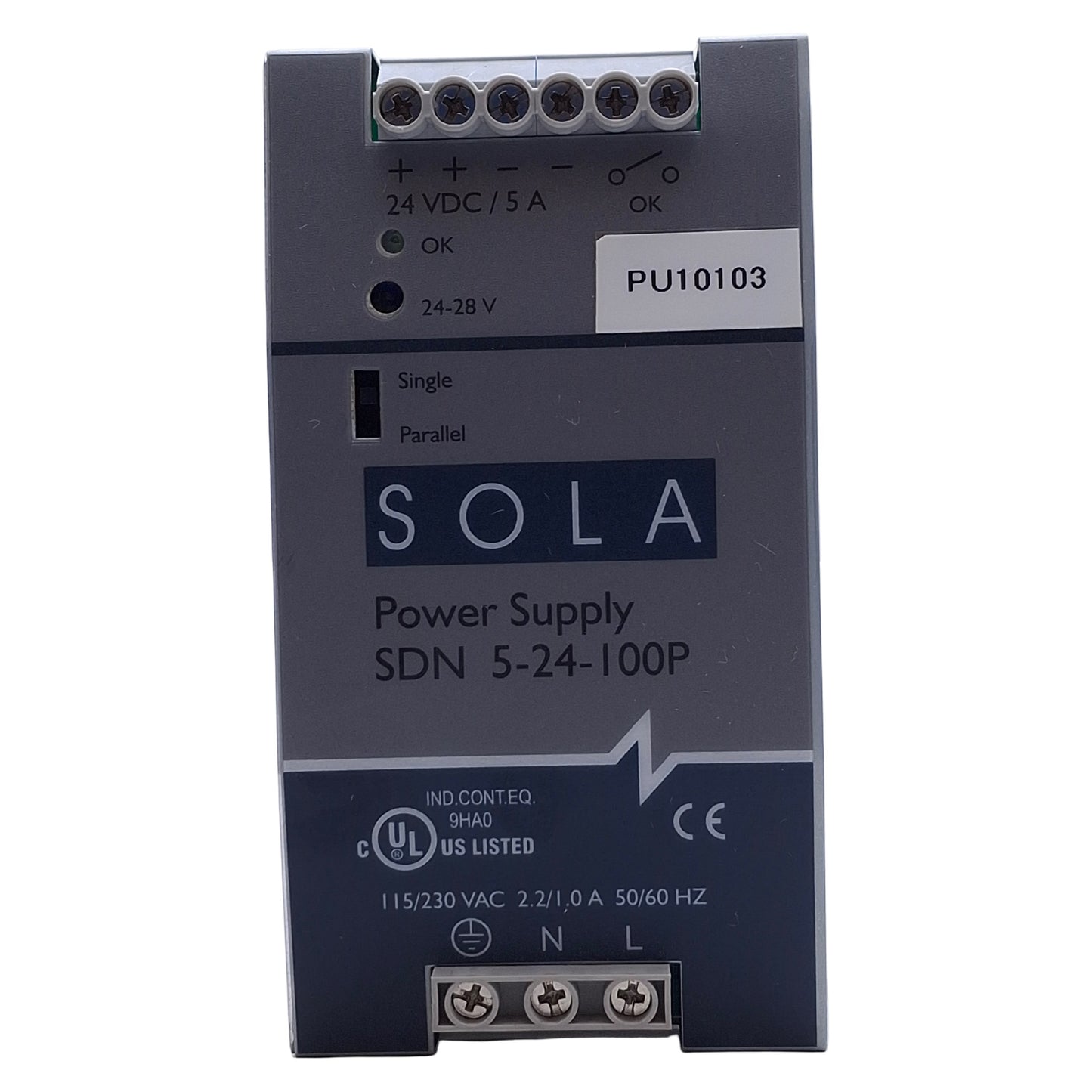 Used Sola SDN 5-24-100P Power Supply, Input: 115/230VAC 2.2/1A, Output: 24VDC 5A