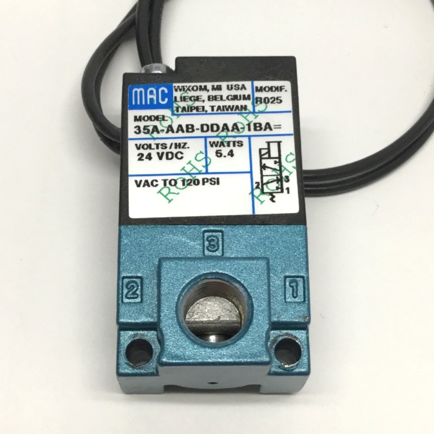 Used MAC 35A-AAB-DDAA-1BA Pneumatic Solenoid Valve 3-Way NC, 120psi, 1/8" NPT, 24VDC