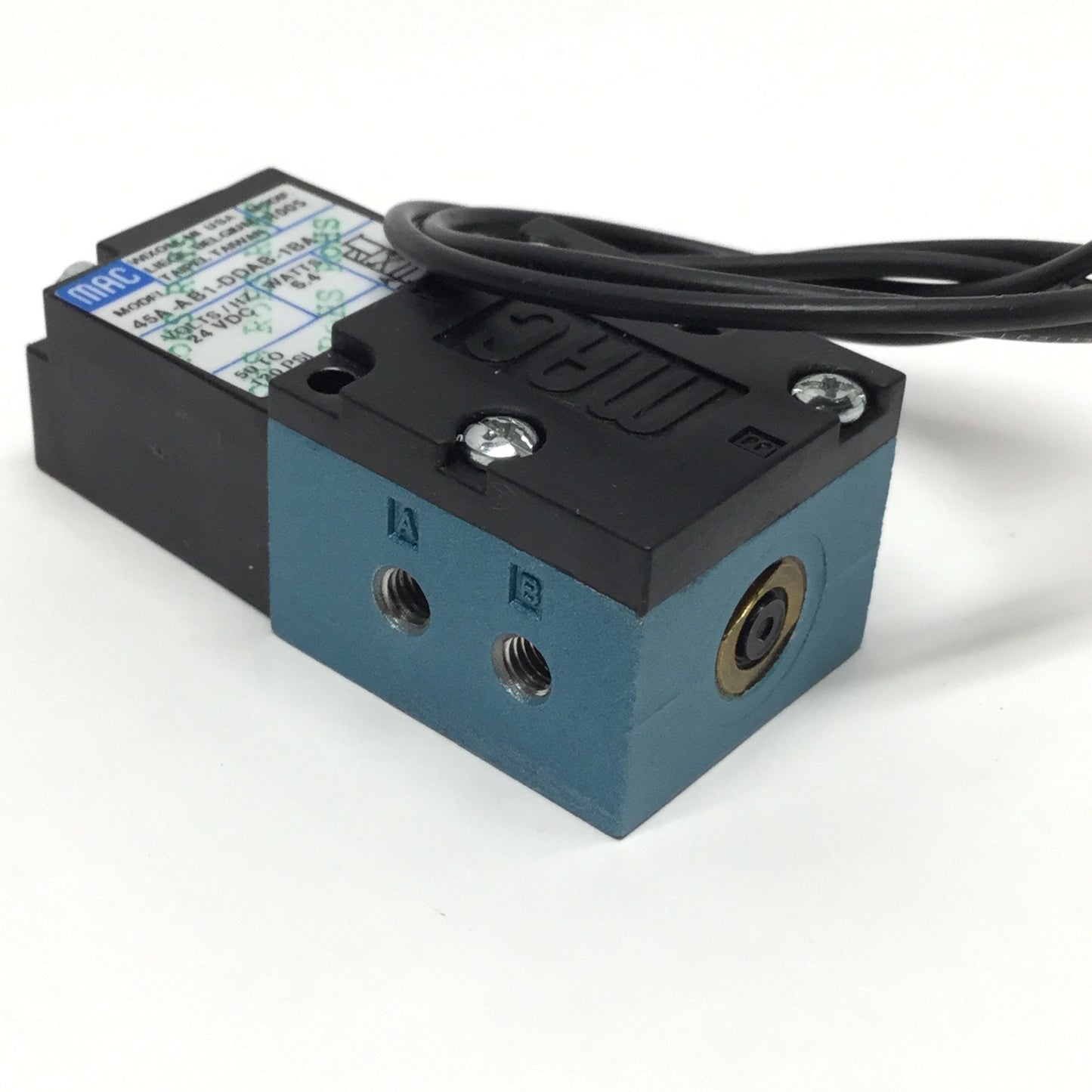 Used MAC 45A-AB1-DDAB-1BA 4-Way Solenoid Valve, 50-120psi, 10-32, 24VDC