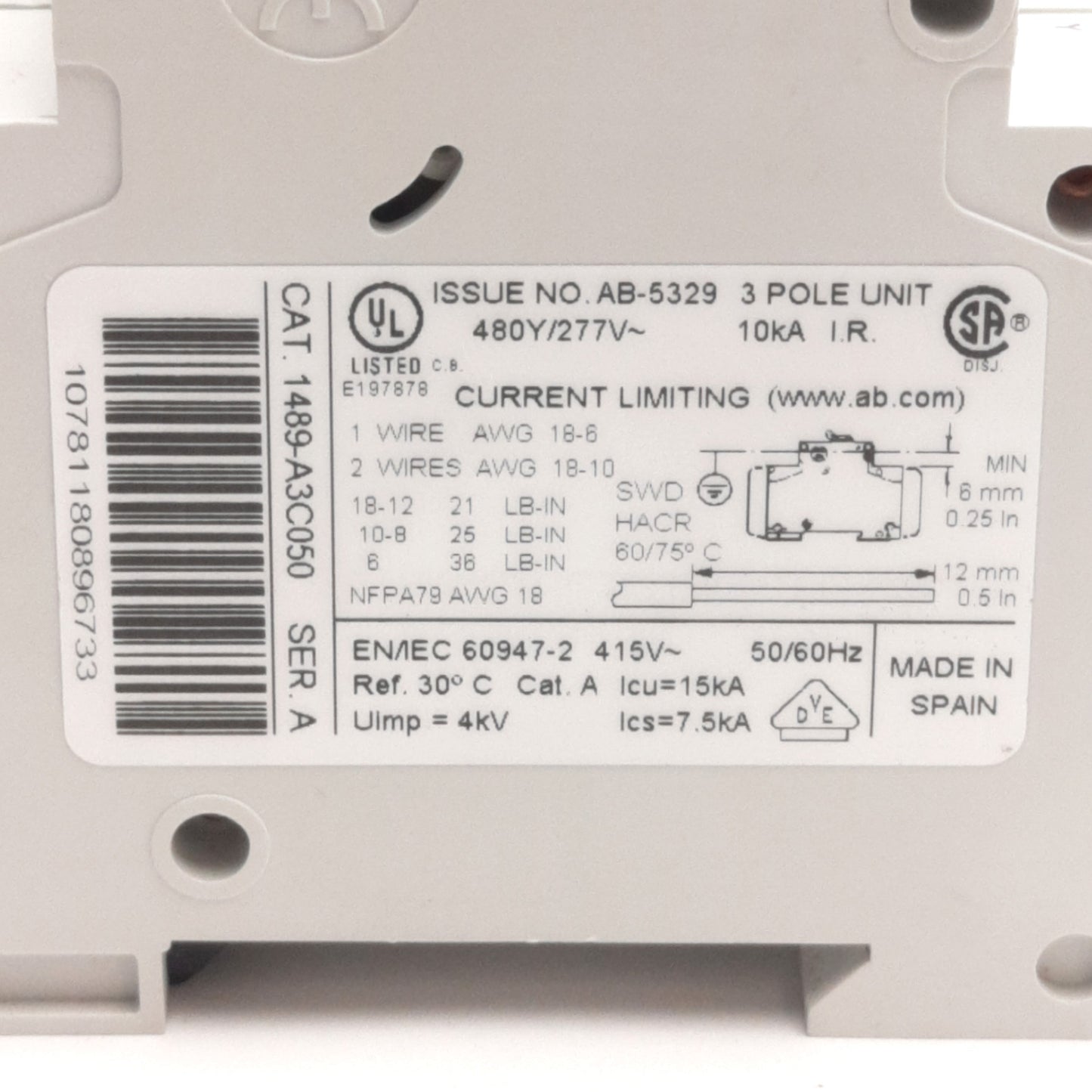 Used Allen Bradley 1489-A3C050 Circuit Breaker 3-P, 5A, 480Y/277v AC, DIN Rail