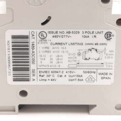 Used Allen Bradley 1489-A3C050 Circuit Breaker 3-P, 5A, 480Y/277v AC, DIN Rail