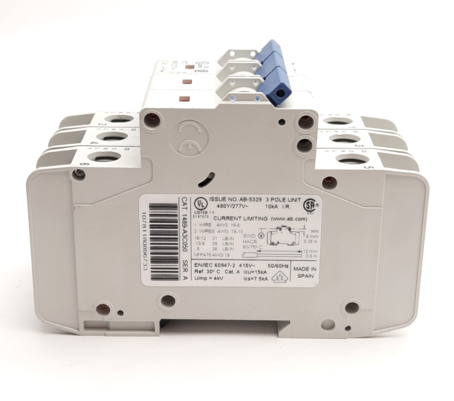 Used Allen Bradley 1489-A3C050 Circuit Breaker 3-P, 5A, 480Y/277v AC, DIN Rail