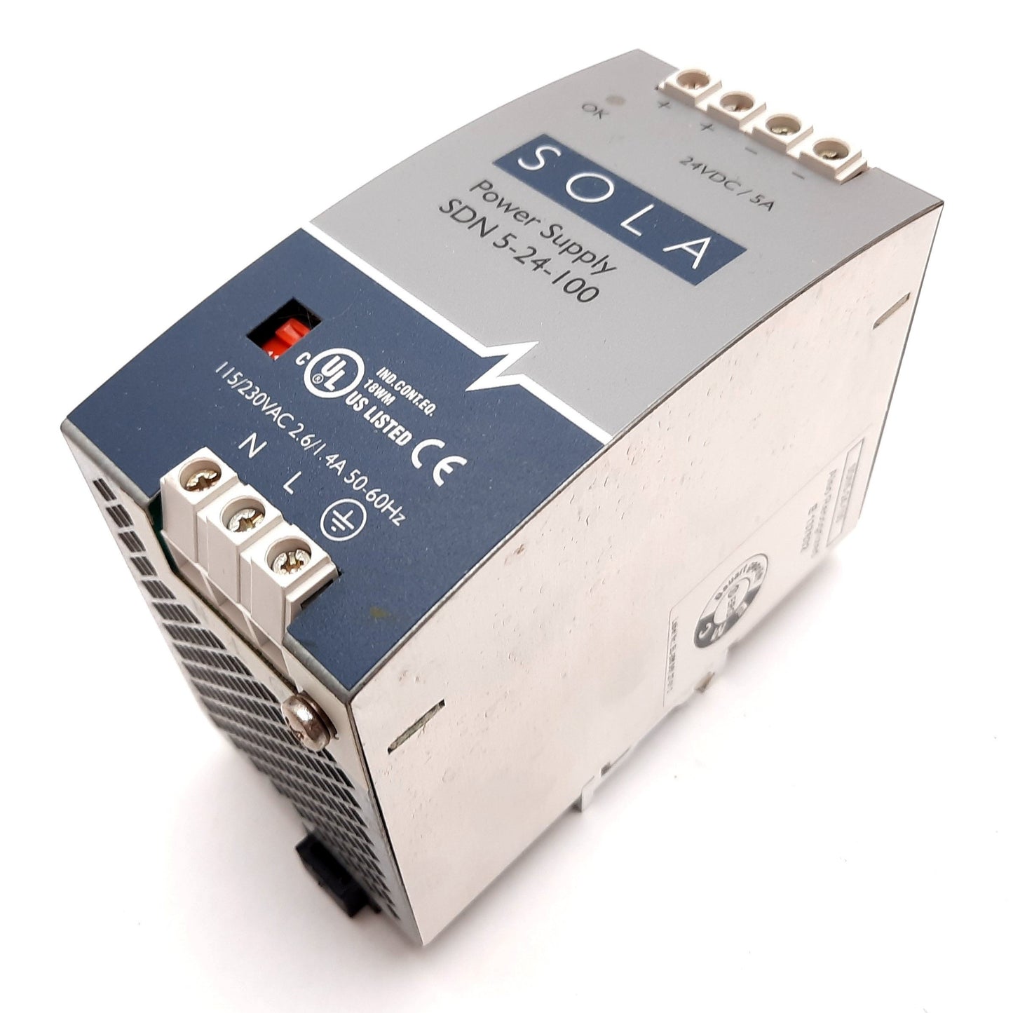 Used Sola SDN 5-24-100 DIN Rail Power Supply, Input: 115/230VAC, Output: 24VDC 5A
