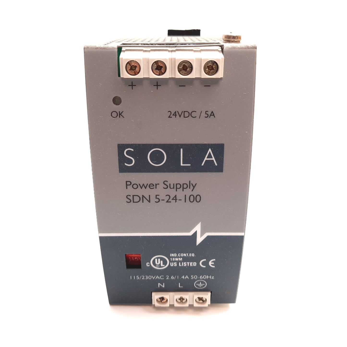 Used Sola SDN 5-24-100 DIN Rail Power Supply, Input: 115/230VAC, Output: 24VDC 5A