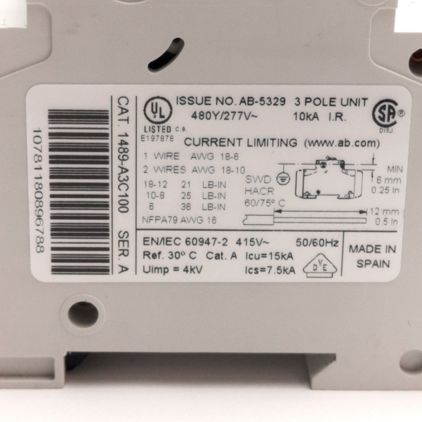 Used Allen Bradley 1489-A3C100 Circuit Breaker 3-P, 10A, 480Y/277v AC, DIN Rail