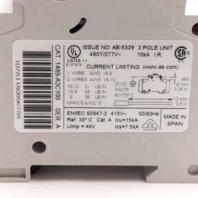 Used Allen Bradley 1489-A3C100 Circuit Breaker 3-P, 10A, 480Y/277v AC, DIN Rail