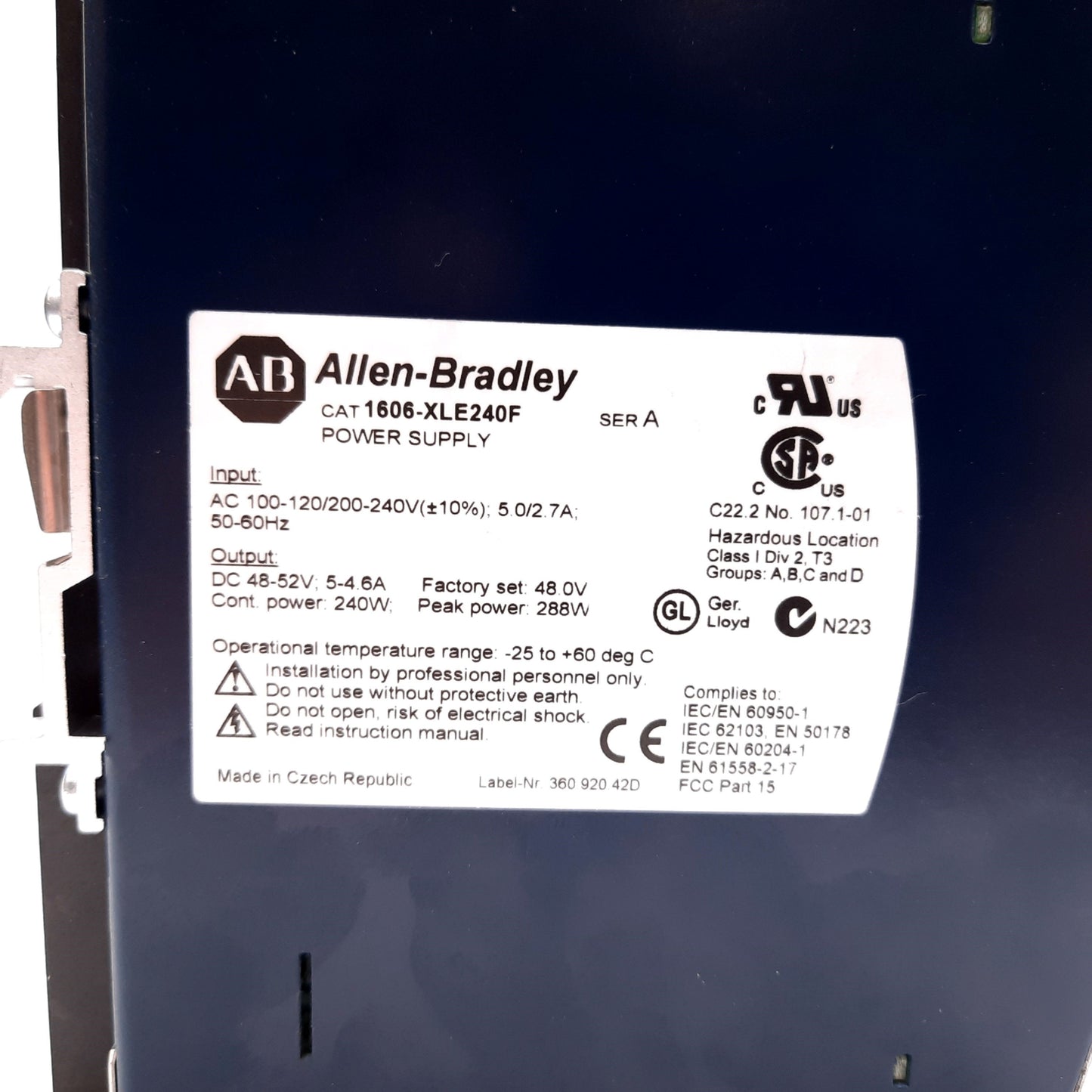 Used Allen Bradley 1606-XLE240F Power Supply, Input 100-240VAC, Output 48VDC 5A 240W