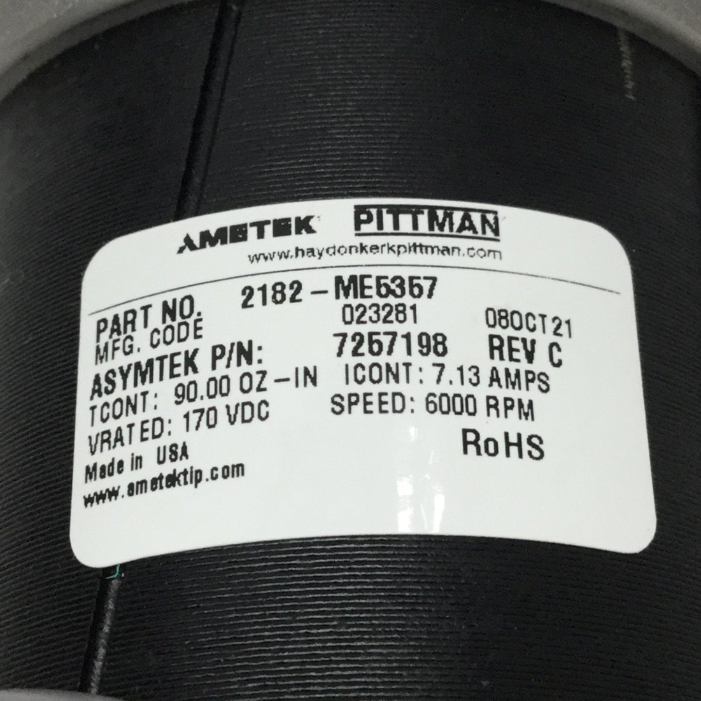 Used Ametek Pittman 2182-ME5357 DC Motor, 170VDC, 90oz-in, 6000RPM w/ 1000CPR Encoder