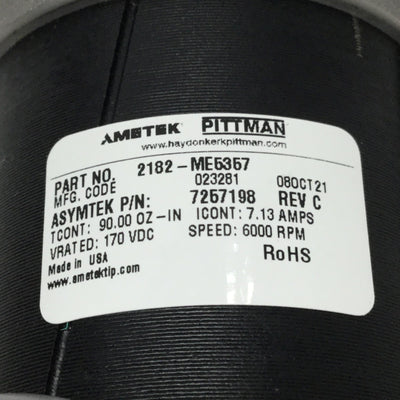 Used Ametek Pittman 2182-ME5357 DC Motor, 170VDC, 90oz-in, 6000RPM w/ 1000CPR Encoder