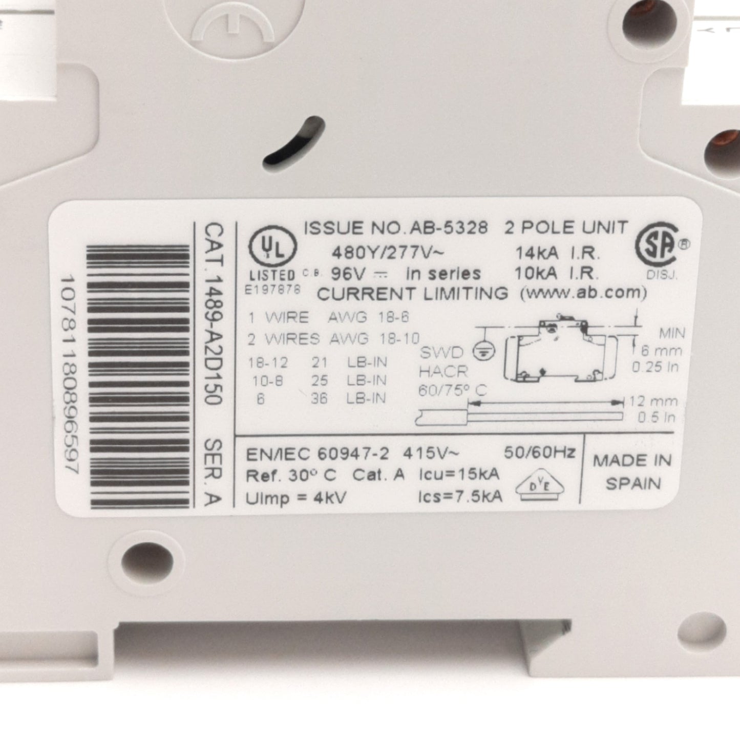 Used Allen Bradley 1489-A2D150 Circuit Breaker, 2-Pole, Rating: 480Y/277VAC/48VDC 15A