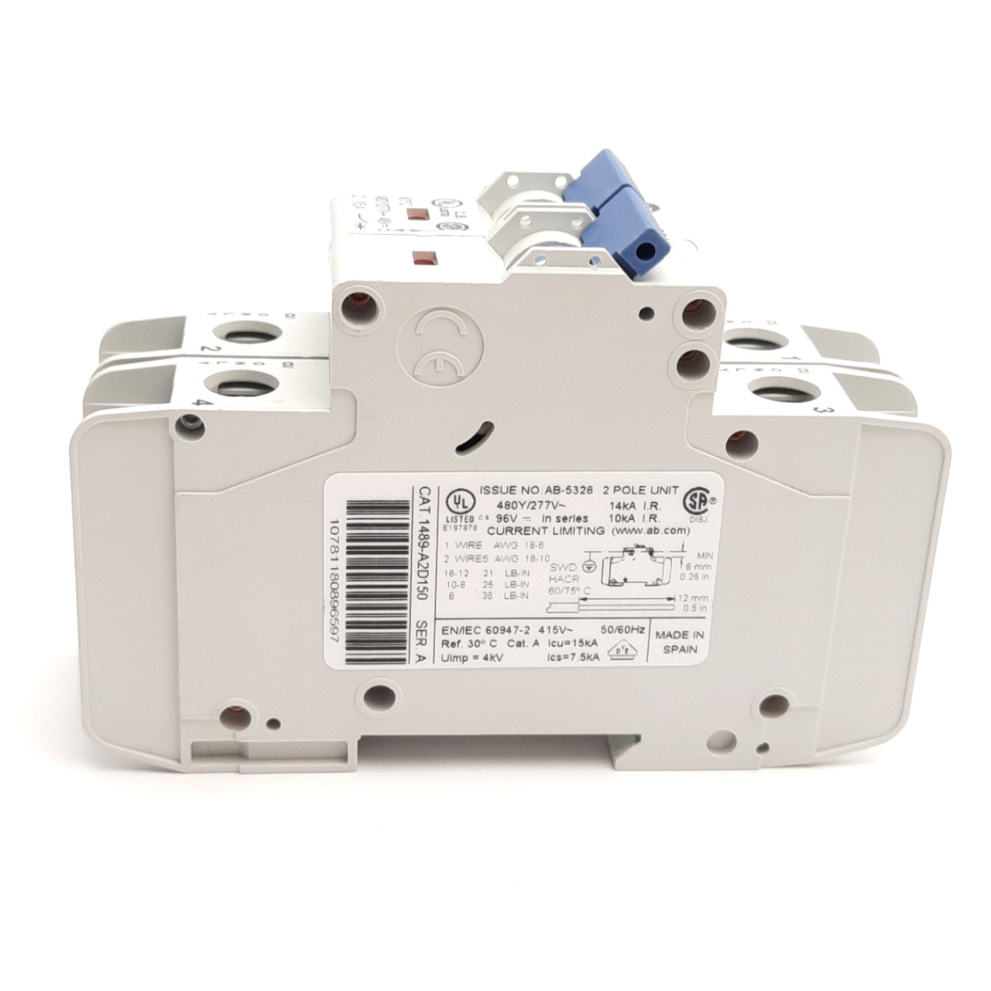 Used Allen Bradley 1489-A2D150 Circuit Breaker, 2-Pole, Rating: 480Y/277VAC/48VDC 15A