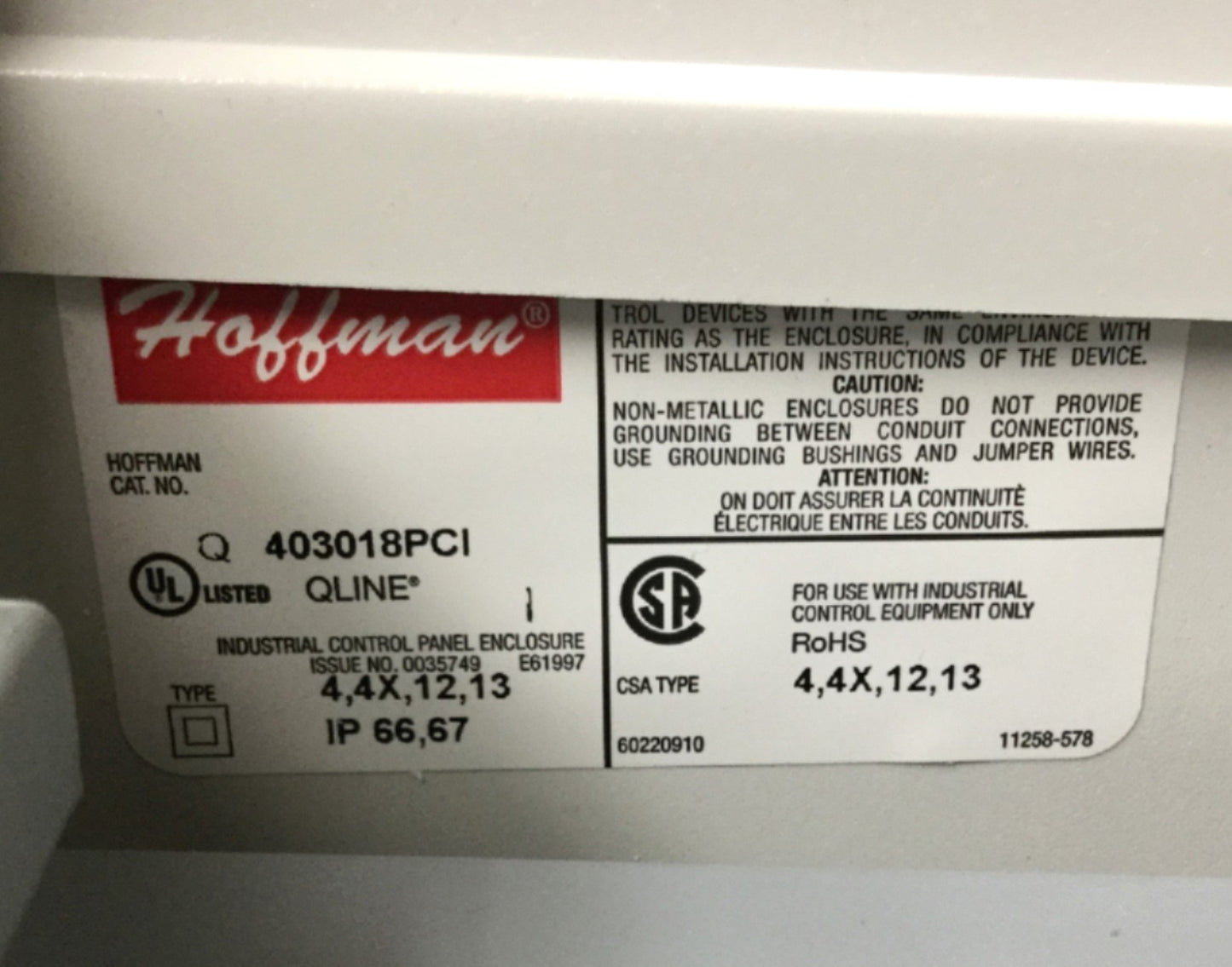 Used Hoffman Q403018PCI Electrical Enclosure Cabinet Box, PC, 400 x 300 x 180mm w/EXT