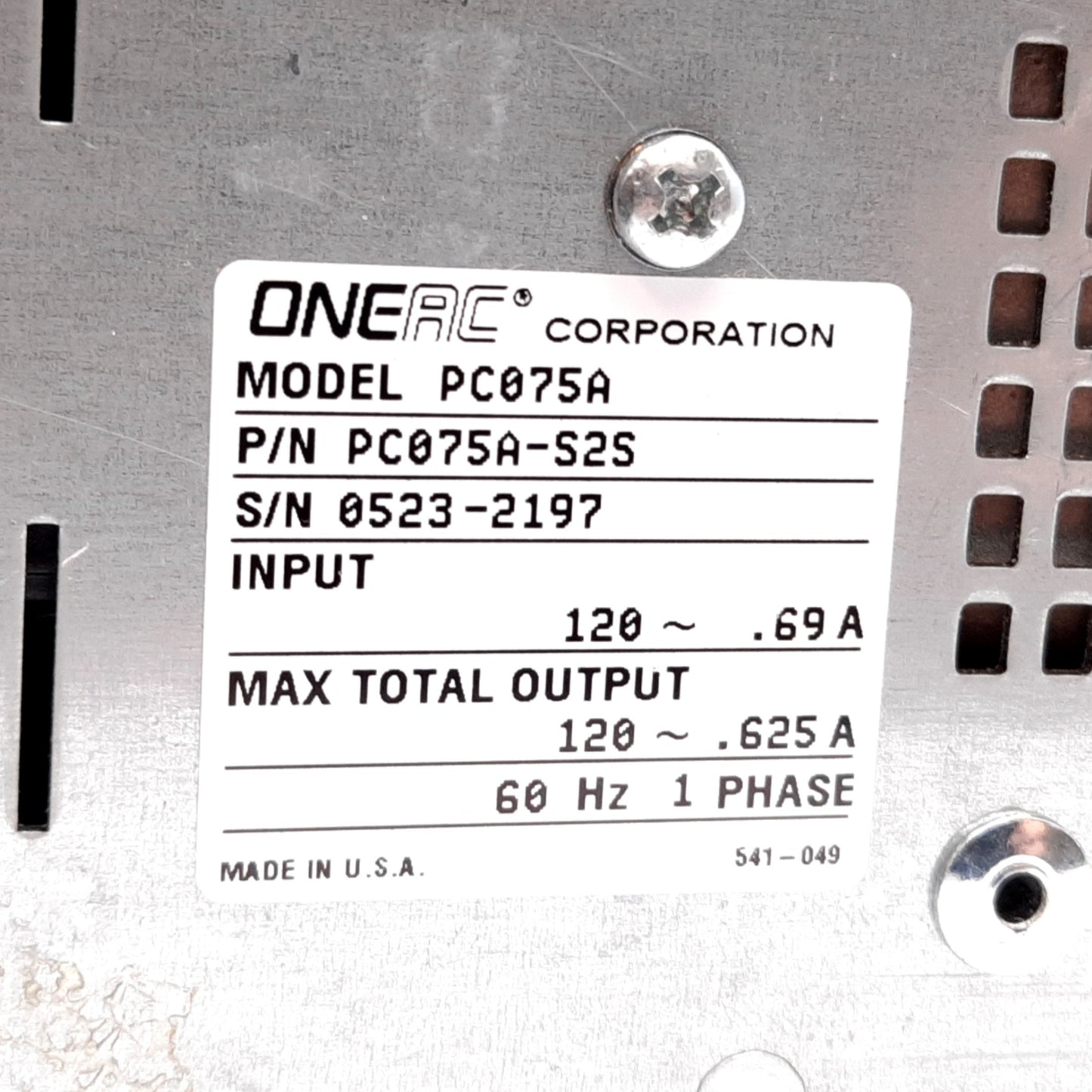 Used ONEAC PC075A-S2S Power Conditioner, In: 120VAC 0.69A, Out: 120VAC 0.625A, 75VA