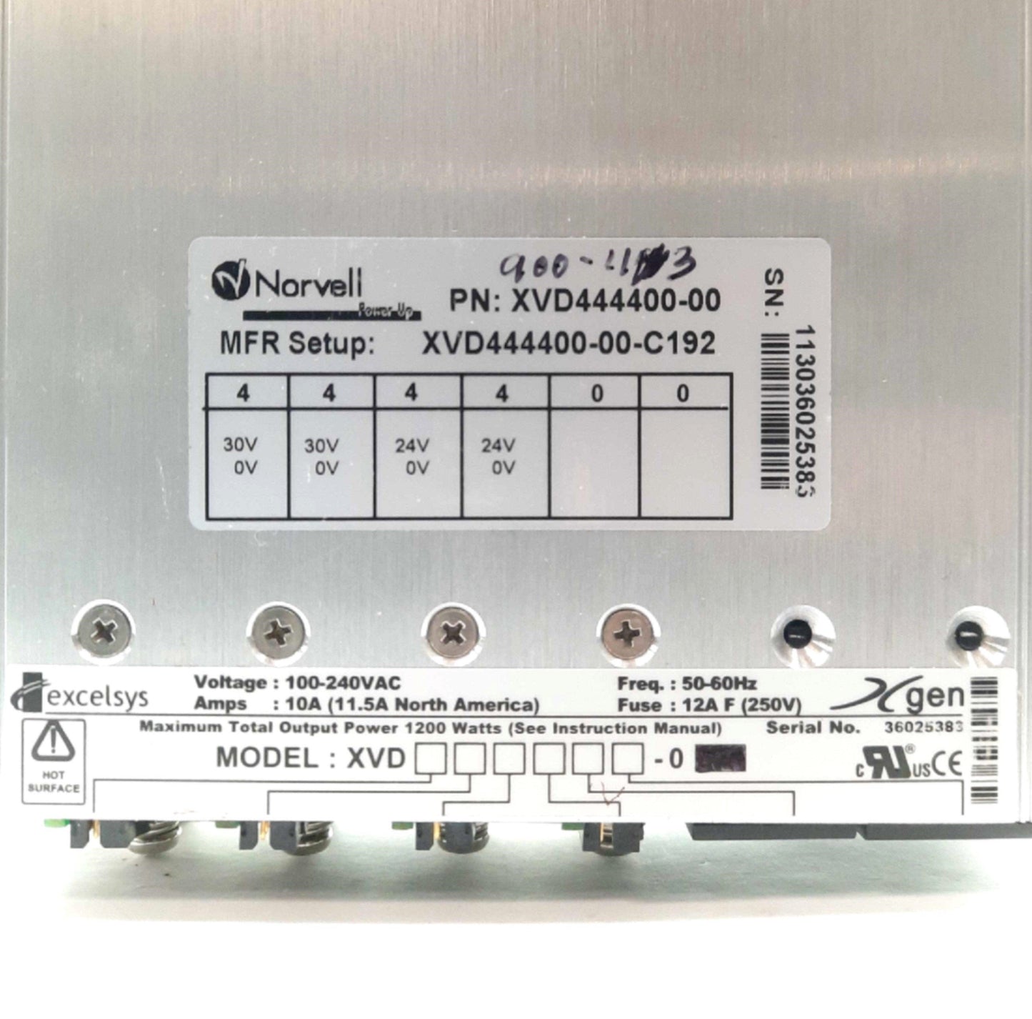 Used Excelsys XVD444400-00-C192 Power Supply, 6-Slot, 4x 24VDC 10A, 100-240VAC 11.5A