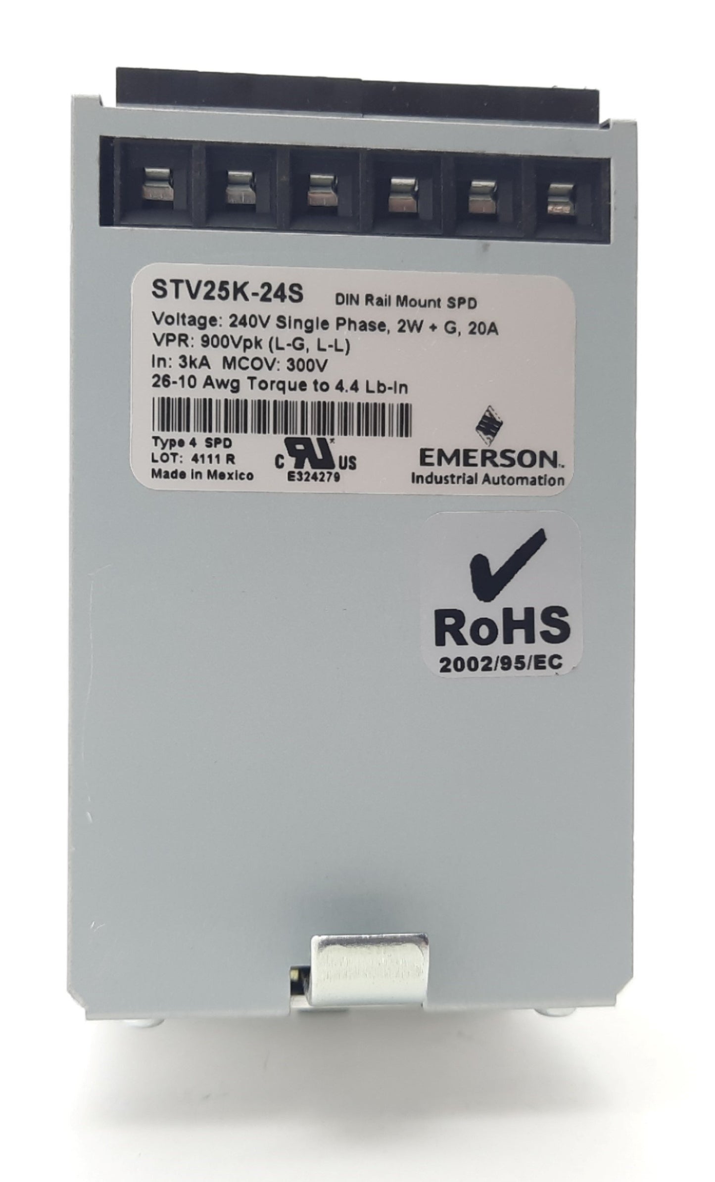 Used Emerson SOLA STV25K-24S Surge Suppressor, Single Phase 240VAC 20A DIN Rail