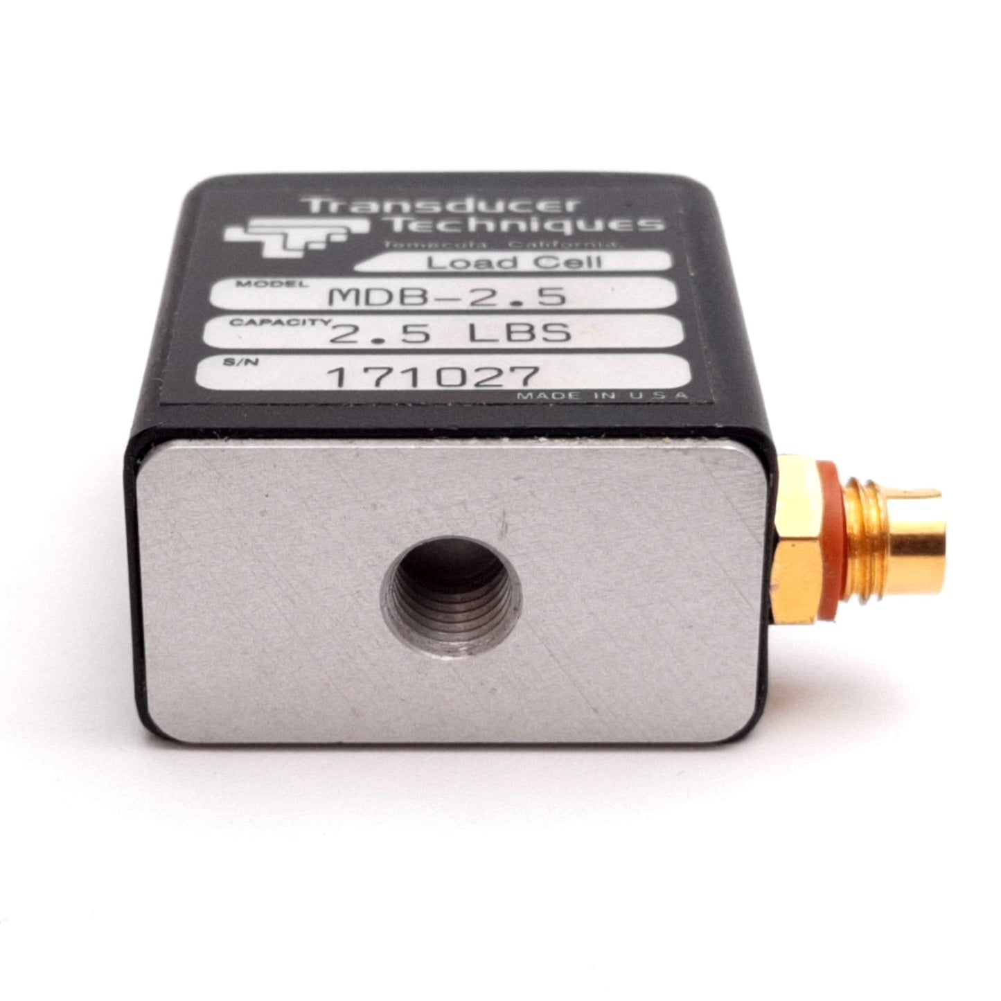Used Transducer Techniques MDB-2.5 Mini Load Cell, Capacity: 2.5 lbs, 1/4-28 UNF