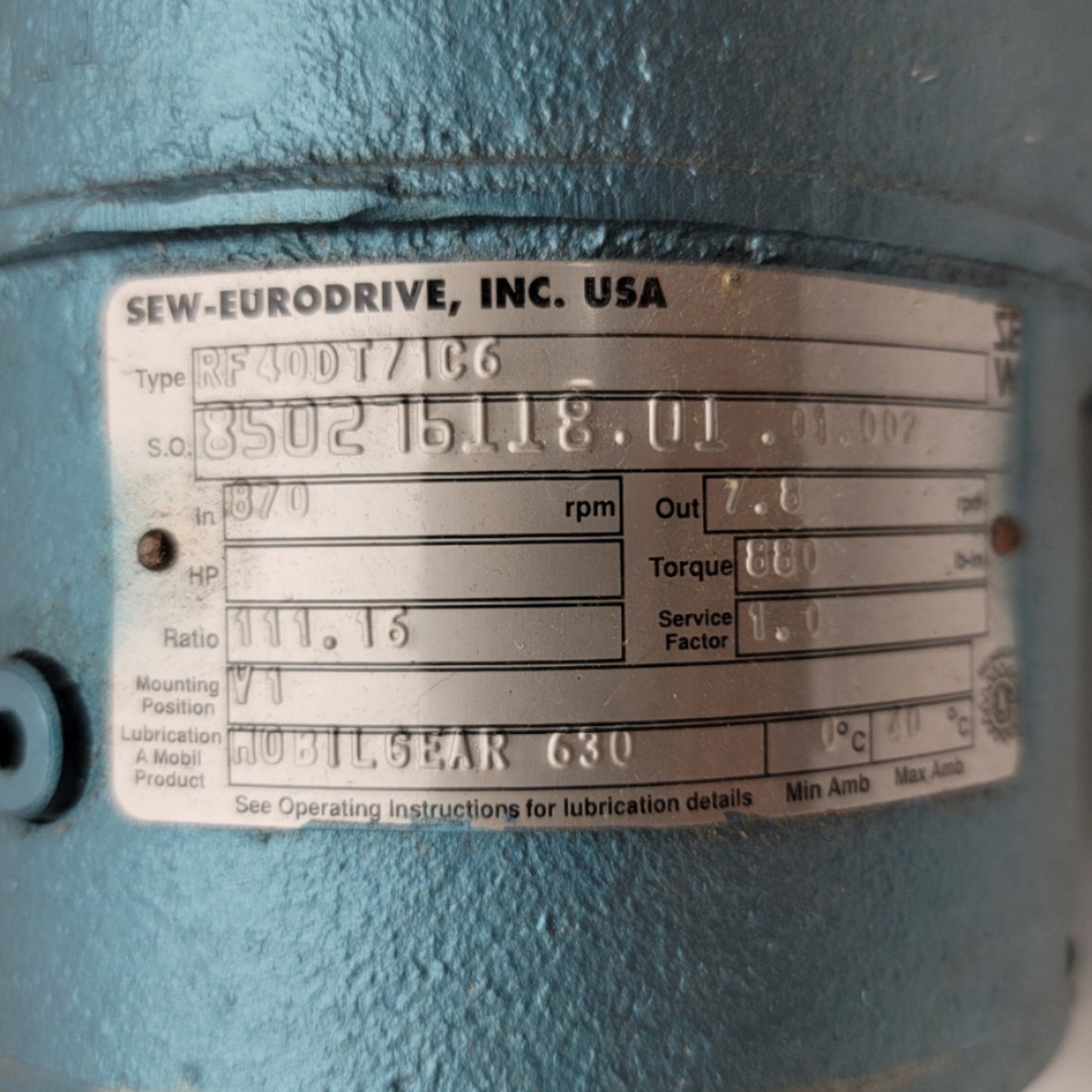 Used Sew Eurodrive RF40DT71C6 Gearmotor 7.8RPM, 111.16:1, 0.2HP, 220/380VAC 3-Ph