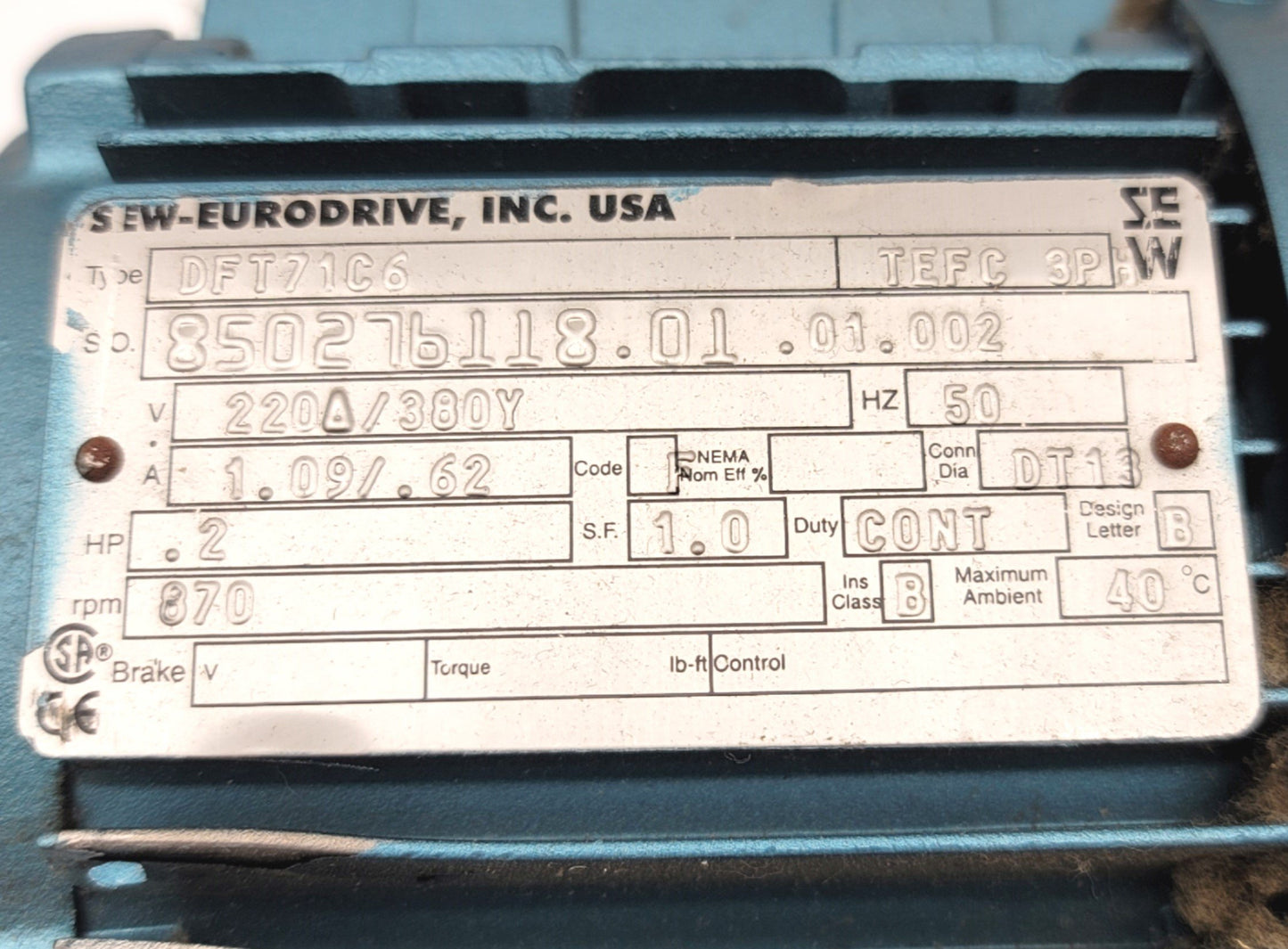 Used Sew Eurodrive RF40DT71C6 Gearmotor 7.8RPM, 111.16:1, 0.2HP, 220/380VAC 3-Ph