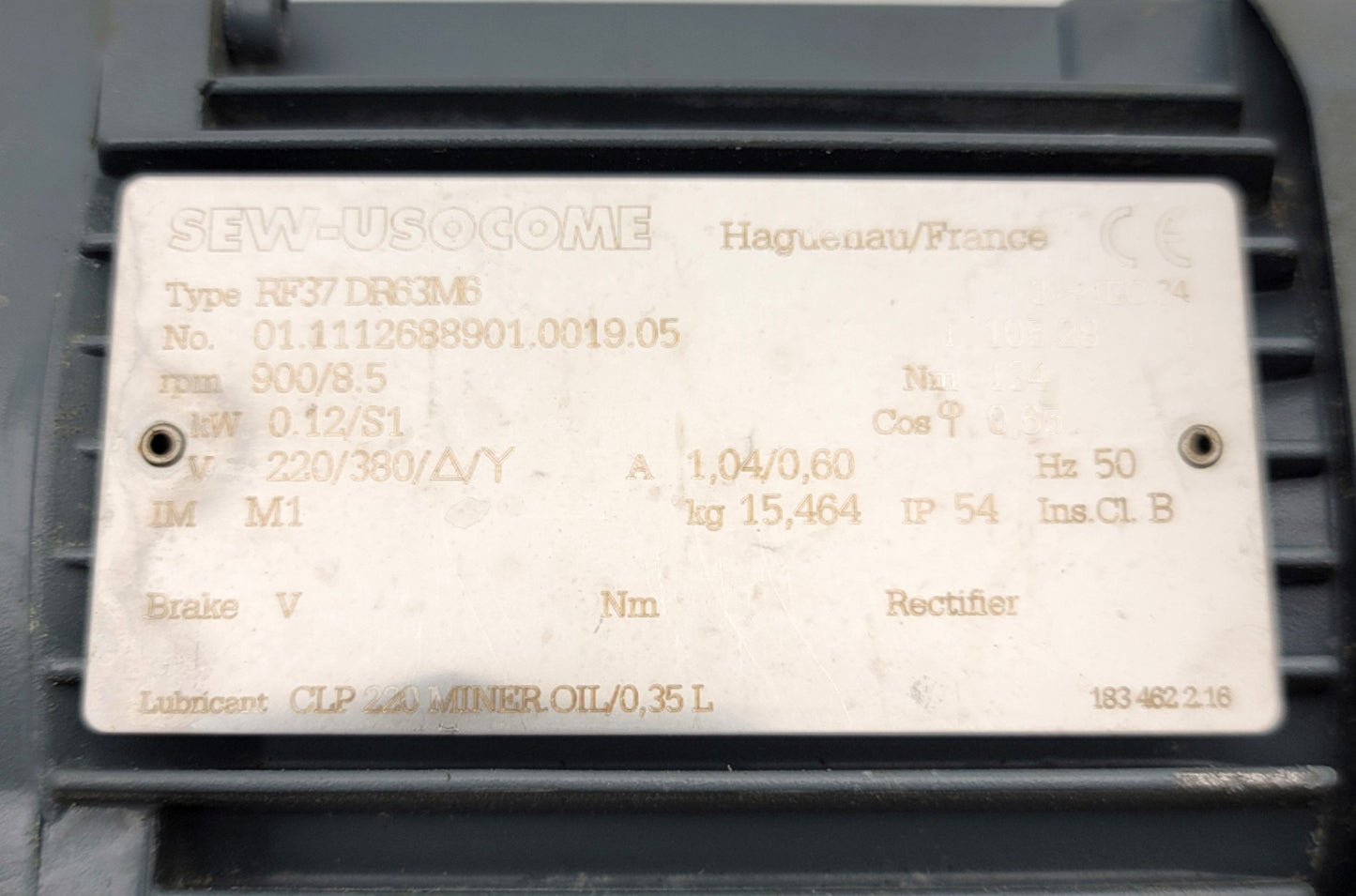 Used SEW EuroDrive RF37 DR63M6 Gearmotor 105.28:1, 8.5RPM, 1" Shaft, 220/380VAC 3-Ph
