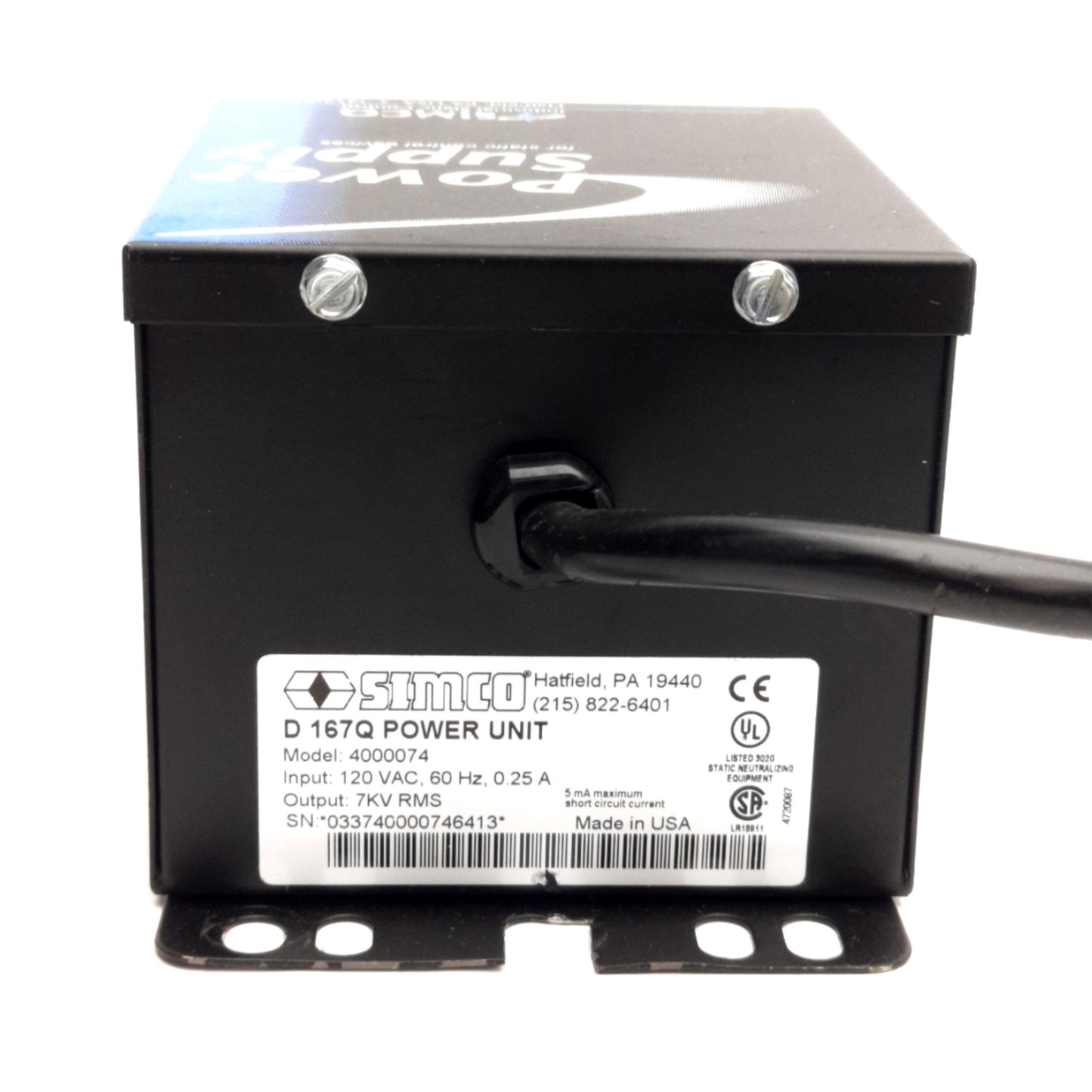 Used Simco D167Q Antistatic Power Supply, Output: 2 x 7 kV, 3mA Input: 120VAC