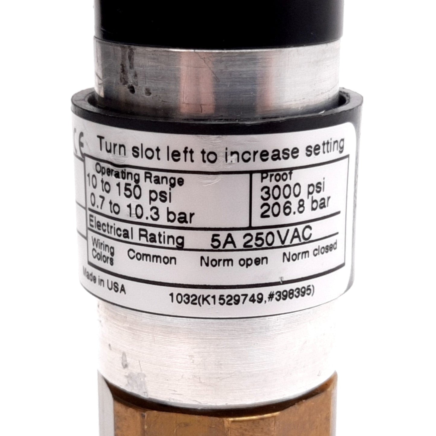 Used United Electric 10-B11 Pressure Switch, Range: 10-150psi, Rating: 5A 250VAC