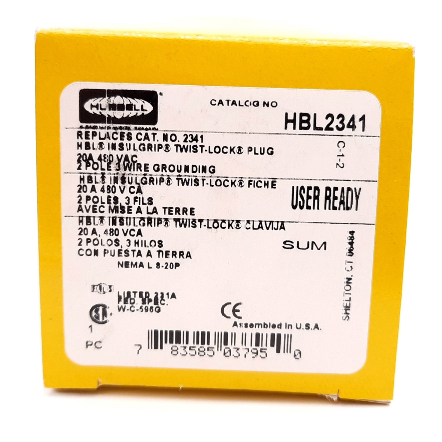 New Hubbell HBL2341 Twist-Lock Male Plug, 2-Pole 3-Wire, Rating: 20A 480VAC, L8-20P