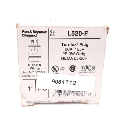 New Pass & Seymour L520P Turnlok Plug, 2-Pole 3-Wire, Rating: 20A 125VAC, L5-20P